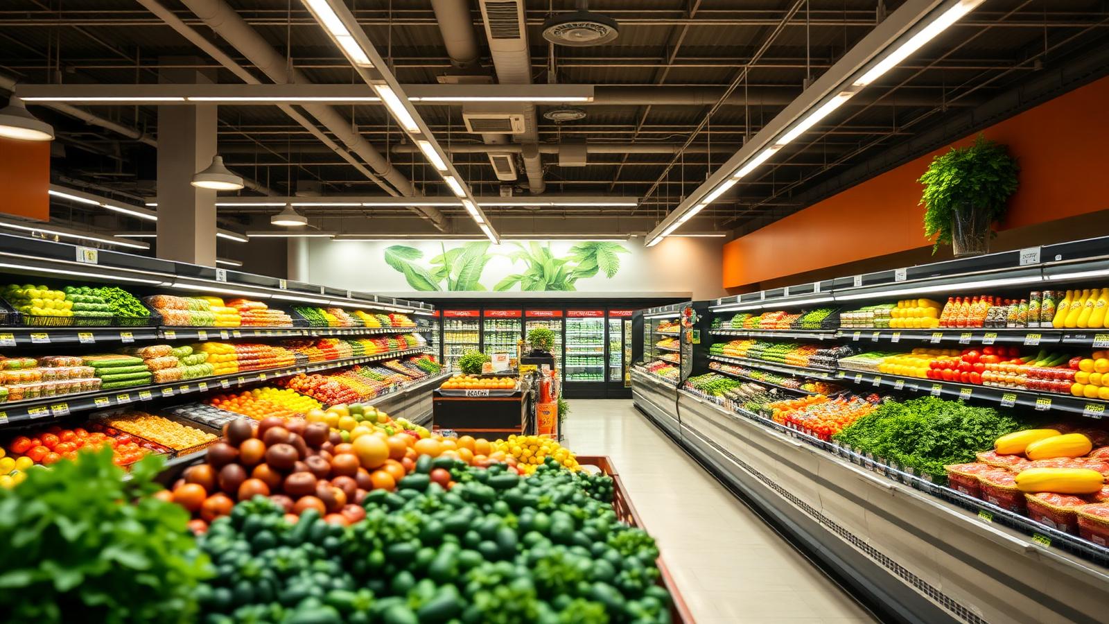 Interior do Supermercado Roma com hortifrúti e gôndolas abastecidas